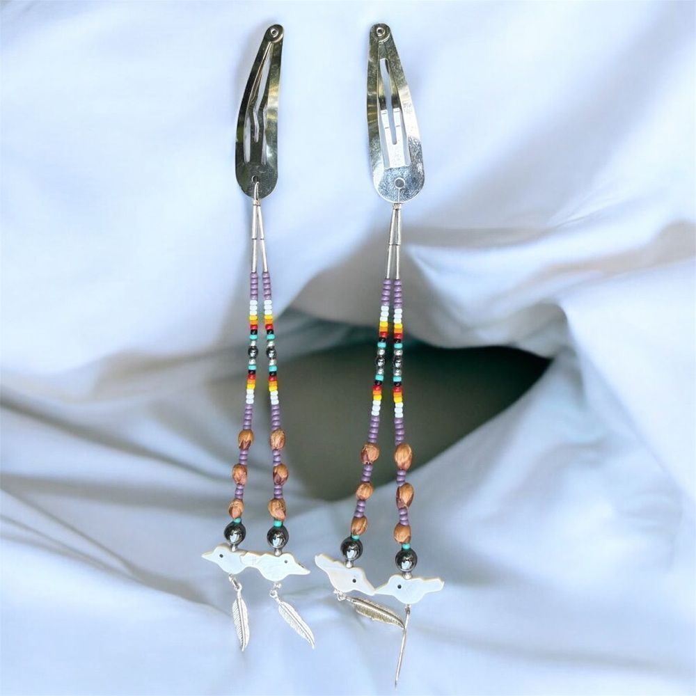 Two Native American Beaded Bird Dangle Snap Barrettes Hair New Mexico Western